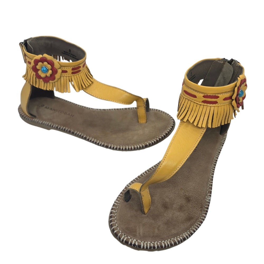 Manitobah Mukluks Yellow Leather Fringe Flower Gladiator Sandals Womens 8 Boho